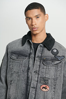 Trucker Regular Fit %100 Pamuk Sherpa Yaka Siyah Jean Kot Ceket - Black-L232088001 (görsel 4)