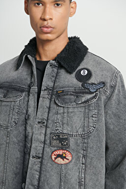 Trucker Regular Fit %100 Pamuk Sherpa Yaka Siyah Jean Kot Ceket - Black-L232088001 (görsel 5)