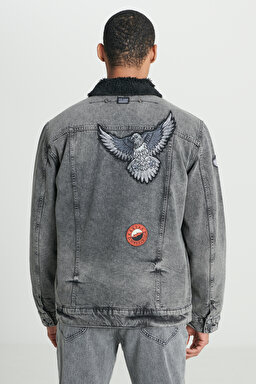 Trucker Regular Fit %100 Pamuk Sherpa Yaka Siyah Jean Kot Ceket - Black-L232088001 (görsel 7)