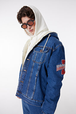 Regular Fit Normal Kesim %100 Pamuk Kapüşonlu Sherpa Trucker Jean Denim Kot Ceket - Mid Blue-L232089XT (görsel 2)