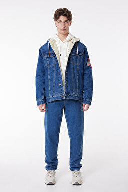 Regular Fit Normal Kesim %100 Pamuk Kapüşonlu Sherpa Trucker Jean Denim Kot Ceket - Mid Blue-L232089XT (görsel 3)