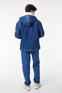 Regular Fit Normal Kesim %100 Pamuk Kapüşonlu Sherpa Trucker Jean Denim Kot Ceket - Mid Blue-L232089XT (görsel 6)