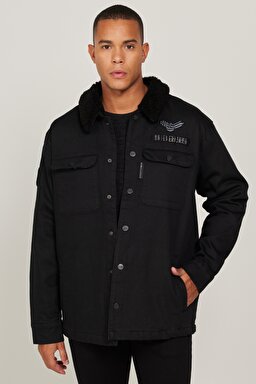 Oversize Bol Kesim Sherpa Siyah Jean Denim Kot Ceket - Black-L232095001