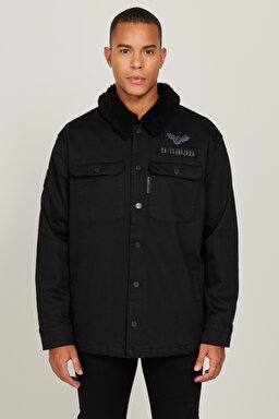 Oversize Bol Kesim Sherpa Siyah Jean Denim Kot Ceket - Black-L232095001 (görsel 2)