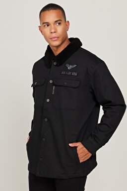Oversize Bol Kesim Sherpa Siyah Jean Denim Kot Ceket - Black-L232095001 (görsel 3)
