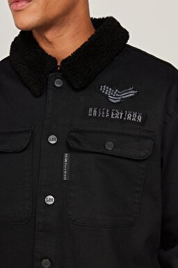 Oversize Bol Kesim Sherpa Siyah Jean Denim Kot Ceket - Black-L232095001 (görsel 5)