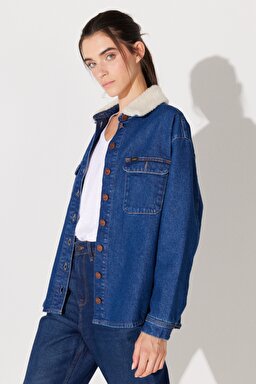 Loose Fit Rahat Kesim %100 Pamuk Sherpa Yaka Mavi Jean Kot Ceket - Mid Blue-L232097XT (görsel 2)