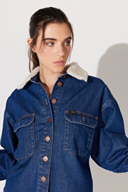Loose Fit Rahat Kesim %100 Pamuk Sherpa Yaka Mavi Jean Kot Ceket - Mid Blue-L232097XT (görsel 3)