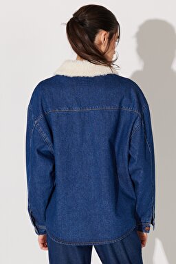 Loose Fit Rahat Kesim %100 Pamuk Sherpa Yaka Mavi Jean Kot Ceket - Mid Blue-L232097XT (görsel 8)