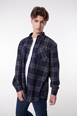Loose Fit Rahat Kesim Ekose Lacivert Uzun Kollu Gömlek - Navy-L232145410 (görsel 2)