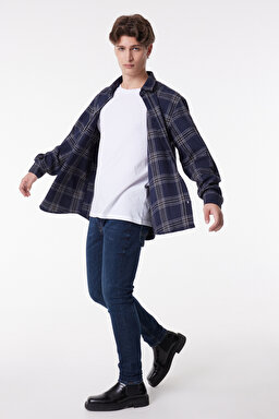 Loose Fit Rahat Kesim Ekose Lacivert Uzun Kollu Gömlek - Navy-L232145410 (görsel 3)