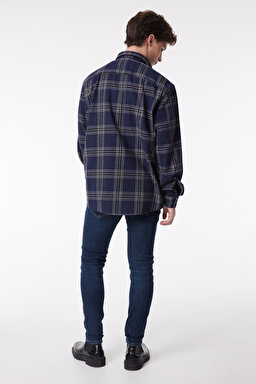 Loose Fit Rahat Kesim Ekose Lacivert Uzun Kollu Gömlek - Navy-L232145410 (görsel 5)
