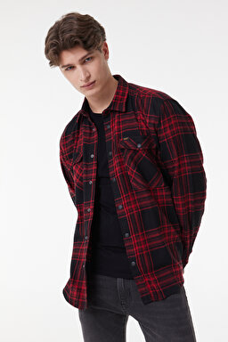 Loose Fit Rahat Kesim Ekose Siyah Kırmızı Şardonlu Uzun Kollu Gömlek - Black-L232146001