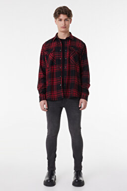 Loose Fit Rahat Kesim Ekose Siyah Kırmızı Şardonlu Uzun Kollu Gömlek - Black-L232146001 (görsel 2)