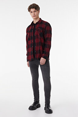 Loose Fit Rahat Kesim Ekose Siyah Kırmızı Şardonlu Uzun Kollu Gömlek - Black-L232146001 (görsel 3)
