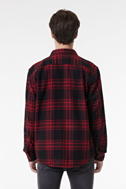Loose Fit Rahat Kesim Ekose Siyah Kırmızı Şardonlu Uzun Kollu Gömlek - Black-L232146001 (görsel 5)