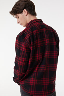 Loose Fit Rahat Kesim Ekose Siyah Kırmızı Şardonlu Uzun Kollu Gömlek - Black-L232146001 (görsel 6)