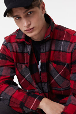 Loose Fit Rahat Kesim Ekose Kırmızı Siyah Şardonlu Uzun Kollu Gömlek - Red-L232153600