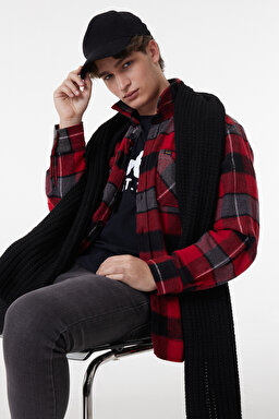 Loose Fit Rahat Kesim Ekose Kırmızı Siyah Şardonlu Uzun Kollu Gömlek - Red-L232153600 (görsel 2)
