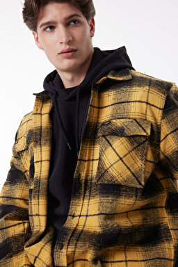 Loose Fit Rahat Kesim Ekose Hardal Siyah Şardonlu Uzun Kollu Gömlek - Mustard-L232162210