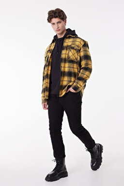 Loose Fit Rahat Kesim Ekose Hardal Siyah Şardonlu Uzun Kollu Gömlek - Mustard-L232162210 (görsel 3)