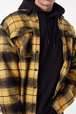 Loose Fit Rahat Kesim Ekose Hardal Siyah Şardonlu Uzun Kollu Gömlek - Mustard-L232162210 (görsel 4)