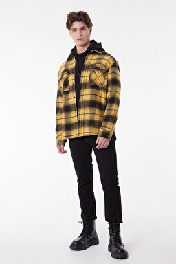 Loose Fit Rahat Kesim Ekose Hardal Siyah Şardonlu Uzun Kollu Gömlek - Mustard-L232162210 (görsel 6)