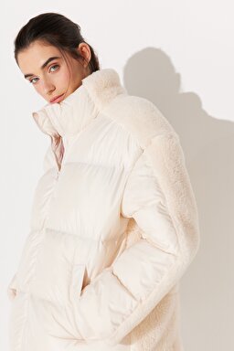 Loose Fit Rahat Kesim Dik Yaka Sherpa Detaylı Bej Mont - Beige-L232194614 (görsel 5)