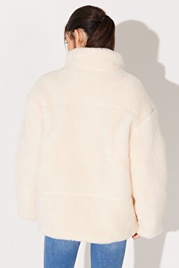 Loose Fit Rahat Kesim Dik Yaka Sherpa Detaylı Bej Mont - Beige-L232194614 (görsel 8)