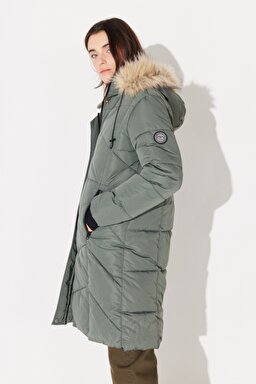 Regular Fit Normal Kesim Kapüşonlu Uzun Haki Şişme Mont - Khaki-L232223801 (görsel 6)