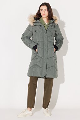 Regular Fit Normal Kesim Kapüşonlu Uzun Haki Şişme Mont - Khaki-L232223801 (görsel 7)