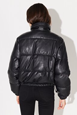 Regular Fit Normal Kesim Dik Yaka Siyah Suni Deri Şişme Mont - Black-L232230001 (görsel 7)