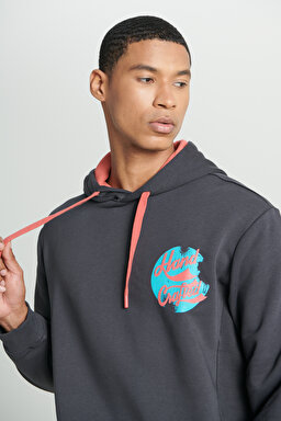 Regular Fit Normal Kesim Kapüşonlu İçi Polarlı Sırt Baskılı Antrasit Sweatshirt - Anthracite-L232273003 (görsel 3)