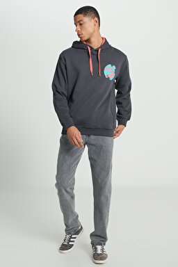 Regular Fit Normal Kesim Kapüşonlu İçi Polarlı Sırt Baskılı Antrasit Sweatshirt - Anthracite-L232273003 (görsel 5)