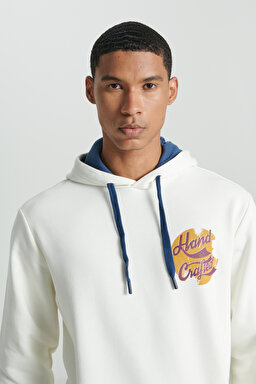 Regular Fit Normal Kesim Kapüşonlu İçi Polarlı Sırt Baskılı Kırık Beyaz Sweatshirt - Off White-L232273102 (görsel 5)