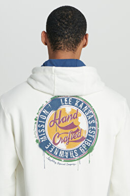 Regular Fit Normal Kesim Kapüşonlu İçi Polarlı Sırt Baskılı Kırık Beyaz Sweatshirt - Off White-L232273102 (görsel 6)