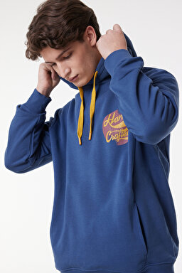 Regular Fit Normal Kesim Kapüşonlu Şardonlu İndigo Sweatshirt - Blue-L232273400