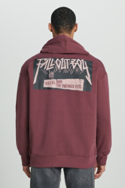 Loose Fit Rahat Kesim Kapüşonlu İçi Polarlı Sırt Baskılı Bordo Sweatshirt - Dark Wine-L232275838 (görsel 2)