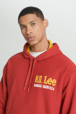 Loose Fit Rahat Kesim Kapüşonlu Şardonlu Kırmızı Sweatshirt - Red-L232277600 (görsel 5)
