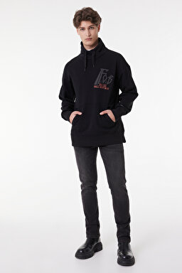 Loose Fit Rahat Kesim Kapüşonlu Şardonlu Siyah Sweatshirt - Black-L232278001 (görsel 2)