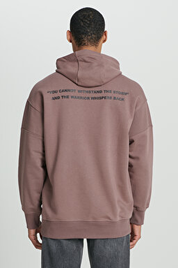 Loose Fit Rahat Kesim Kapüşonlu İçi Polarlı Sırt Baskılı Kahverengi Sweatshirt - Taupe-L232283640 (görsel 2)