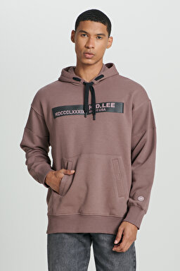 Loose Fit Rahat Kesim Kapüşonlu İçi Polarlı Sırt Baskılı Kahverengi Sweatshirt - Taupe-L232283640 (görsel 3)