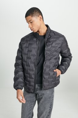 Regular Fit Normal Kesim Dik Yaka Siyah Şişme Mont - Black-L232287001 (görsel 3)