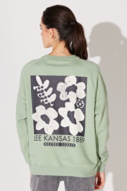 Oversize Fit Geniş Kesim Bisiklet Yaka Şardonlu Açık Yeşil Sweatshirt - Light Green-L232342299 (görsel 4)