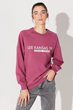 Oversize Fit Geniş Kesim Bisiklet Yaka Şardonlu Koyu Pembe Sweatshirt - Purple-L232342499 (görsel 2)