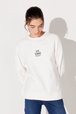 Oversize Fit Geniş Kesim Bisiklet Yaka Şardonlu Kırık Beyaz Sweatshirt - Off White-L232344102 (görsel 2)