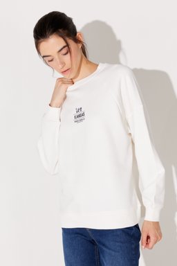 Oversize Fit Geniş Kesim Bisiklet Yaka Şardonlu Kırık Beyaz Sweatshirt - Off White-L232344102 (görsel 3)
