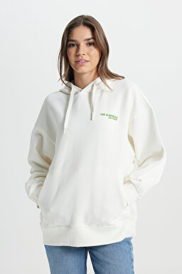 Regular Fit Normal Kesim Kapüşonlu İçi Polarlı Sırt Baskılı Kırık Beyaz Sweatshirt - Off White-L232346102 (görsel 6)