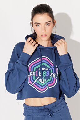 Regular Fit Normal Kesim Kapüşonlu Şardonlu Crop Mavi Sweatshirt - Blue-L232348400