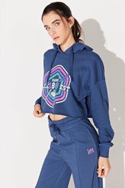 Regular Fit Normal Kesim Kapüşonlu Şardonlu Crop Mavi Sweatshirt - Blue-L232348400 (görsel 3)